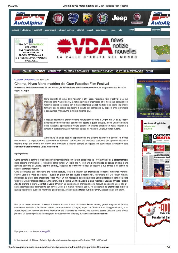2017-07-13 Gazzetta Matin Cinema Nives Meroi madrina del Gran Paradiso Film Festival